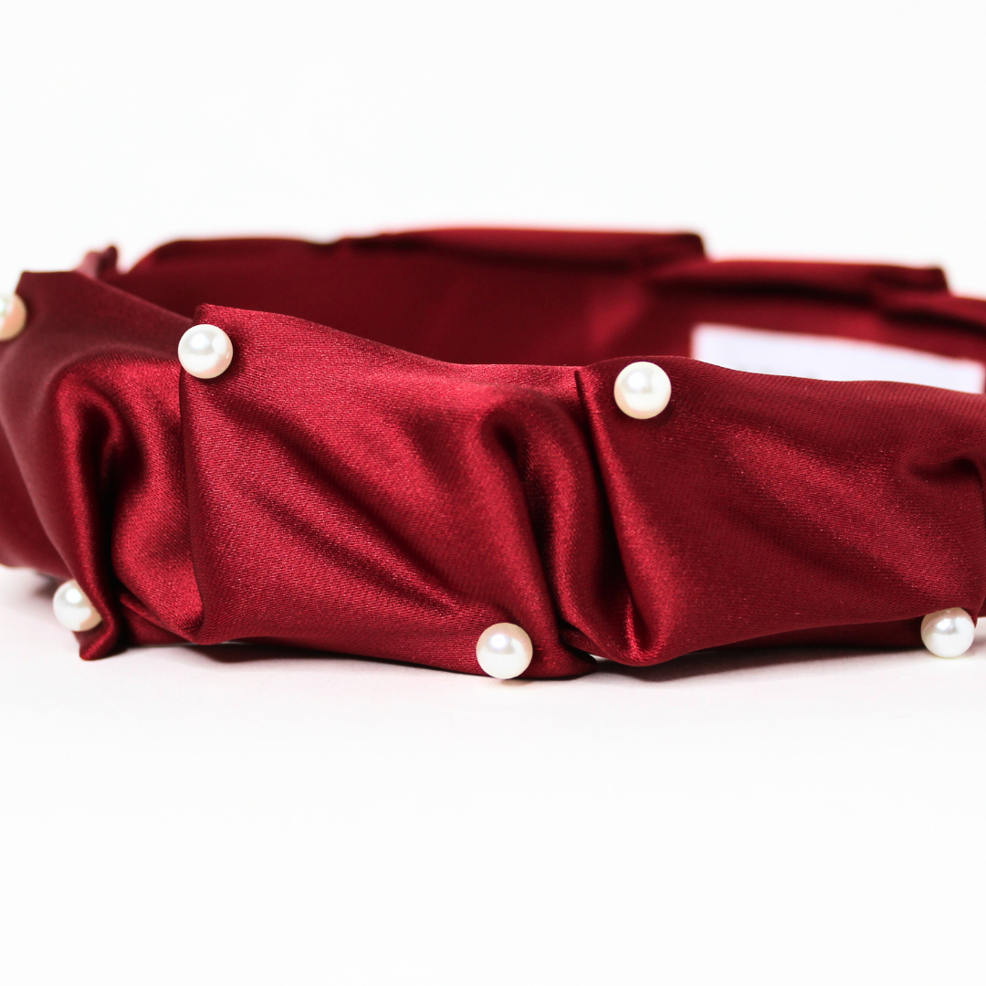 Aria pearl ruched headband in ruby red satin